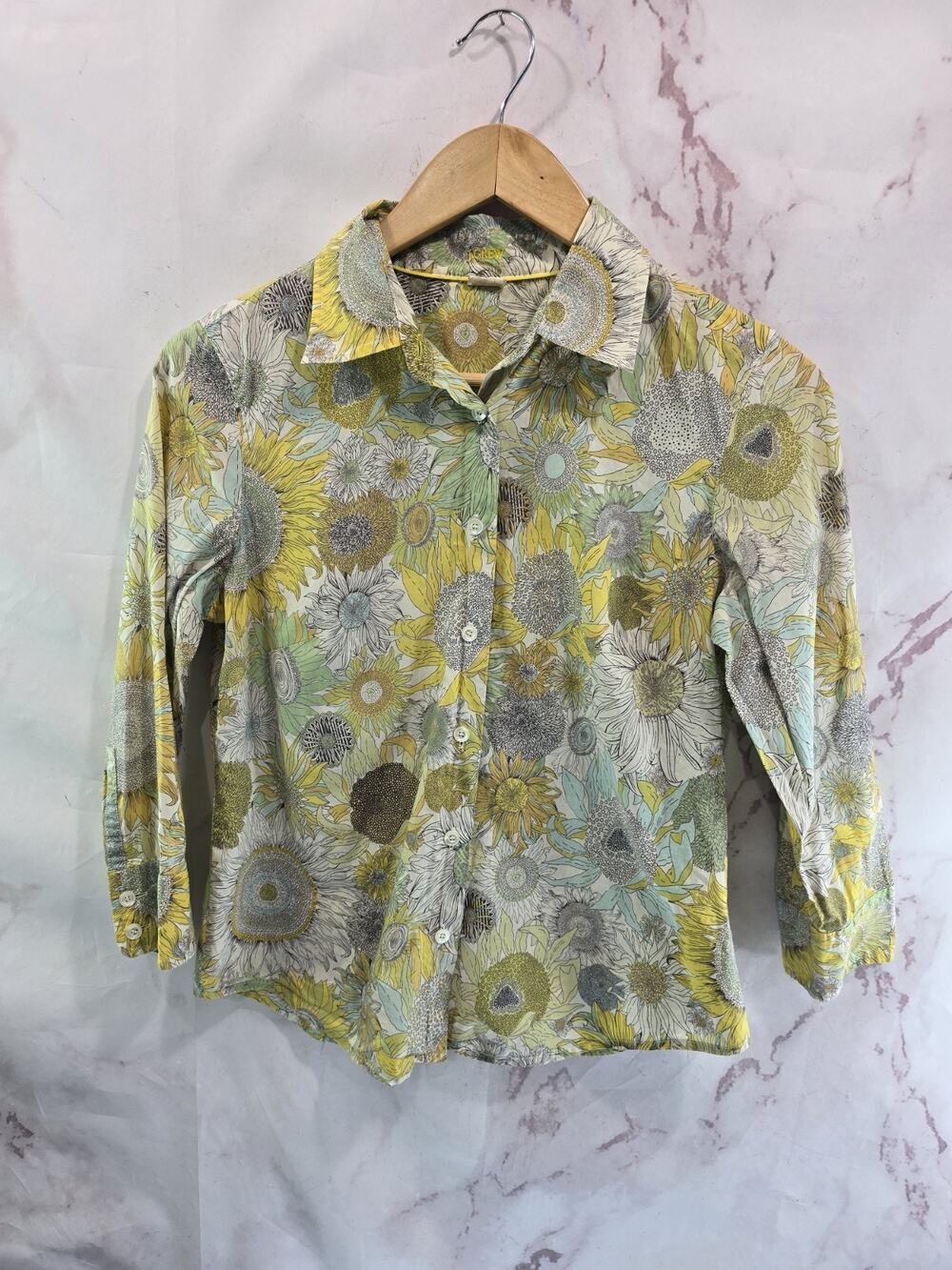 J Crew Shirt Womens Small Blue Yellow Button Up Sunflower Tattoo Drawing Floral